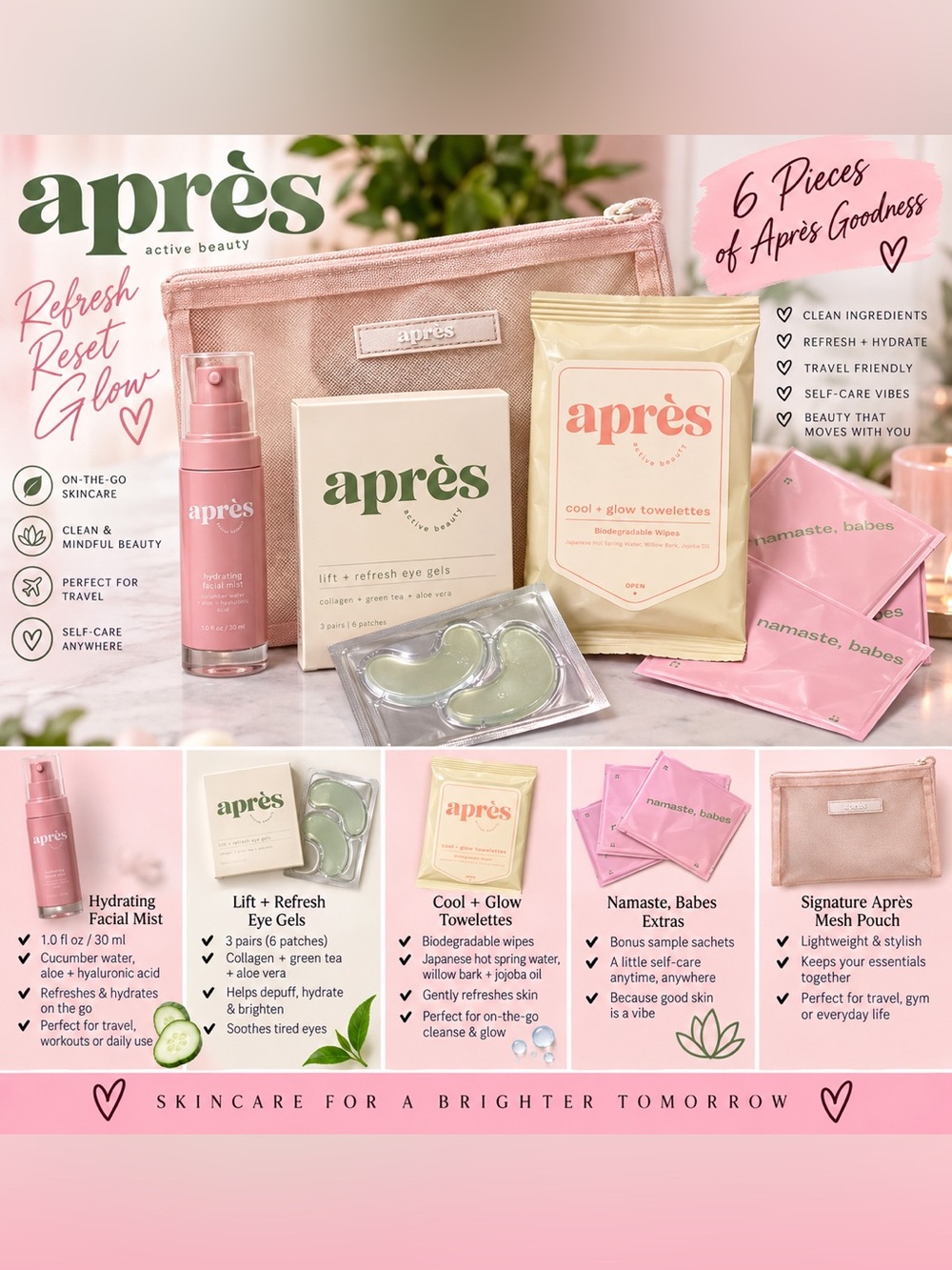 Après Active Beauty Skincare Set Facial Mist Eye Gels Wipes Travel Bag